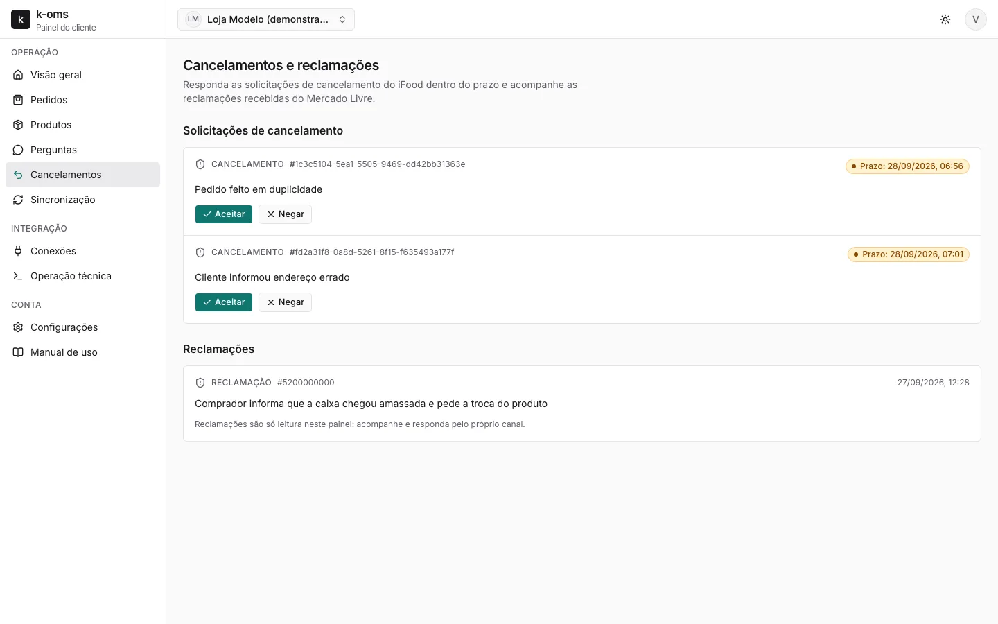 Cancelaciones de iFood: Solicitudes de cancelación con el plazo para aceptar o rechazar.