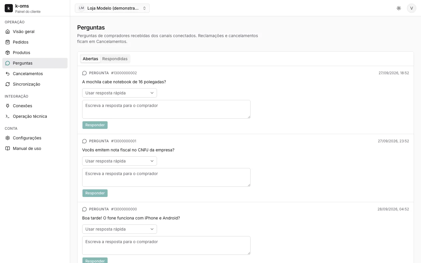 Preguntas de Mercado Libre: Cola con plazo y respuestas rápidas, respondida sin salir del panel.